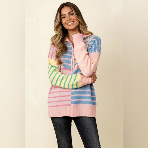 Pink blue stripe half zip contrast western print pullover sweatshirt tunic top - Picture 3 of 7